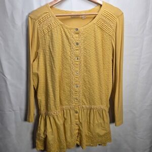 LOGO Lavish Women's Yellow Boho Blouse XL 3/4 Sleeves Eyelet Lace Button